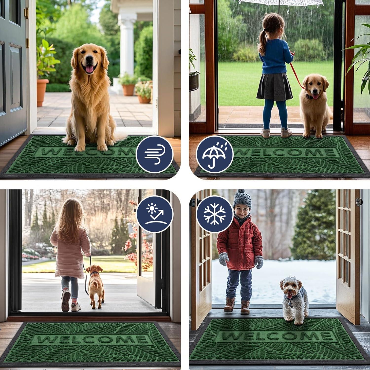 imageSmiry Welcome Mat Indoor Outdoor AllSeason Waterproof Front Door Mat Sturdy Natural Rubber Doormat NonSlip Easy Clean Low Profile Dirt Trapper for Porch Patio Entrance 295x17 GreenGreen