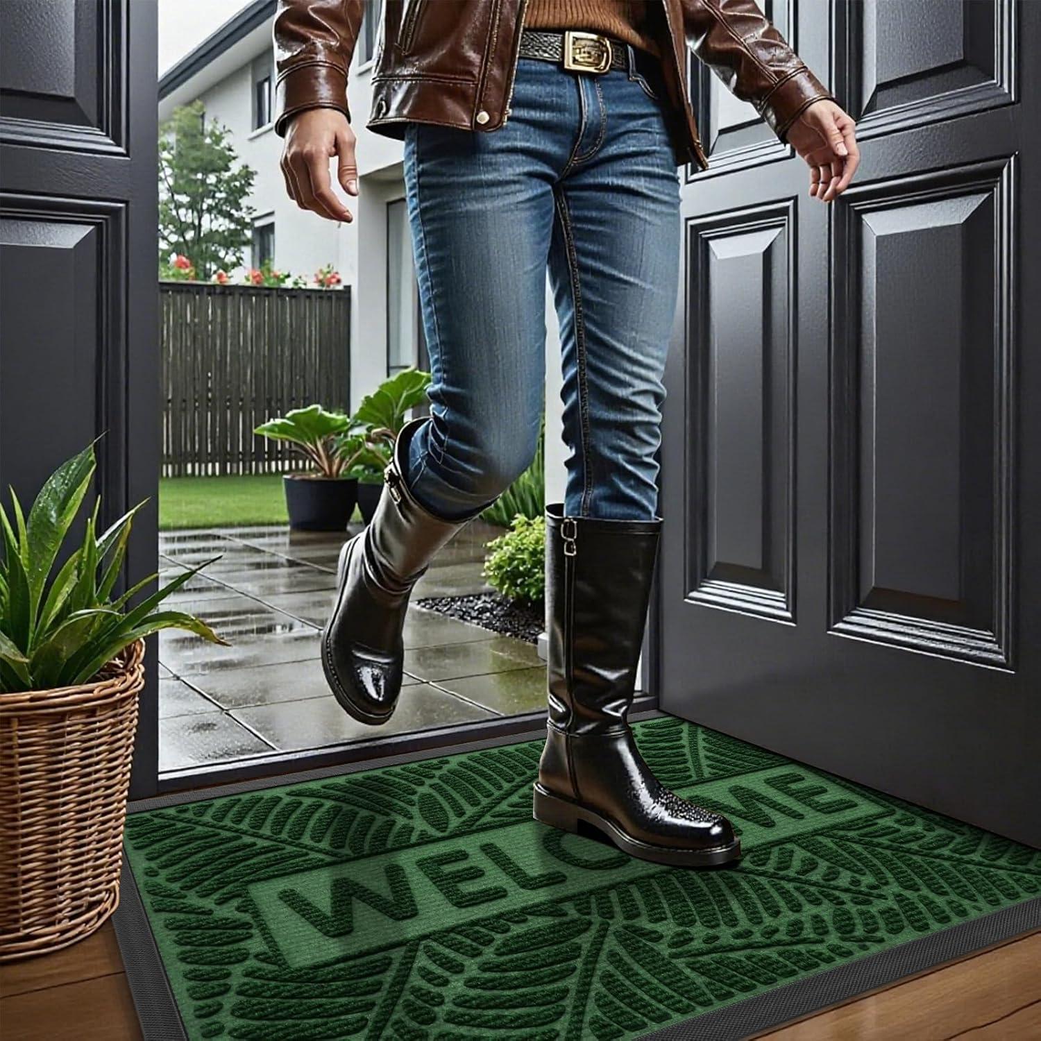 imageSmiry Welcome Mat Indoor Outdoor AllSeason Waterproof Front Door Mat Sturdy Natural Rubber Doormat NonSlip Easy Clean Low Profile Dirt Trapper for Porch Patio Entrance 295x17 GreenGreen