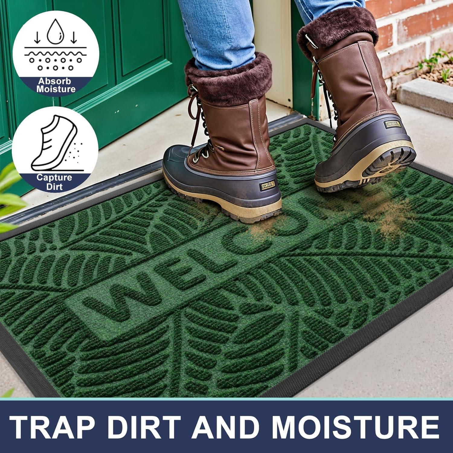 imageSmiry Welcome Mat Indoor Outdoor AllSeason Waterproof Front Door Mat Sturdy Natural Rubber Doormat NonSlip Easy Clean Low Profile Dirt Trapper for Porch Patio Entrance 295x17 GreenGreen