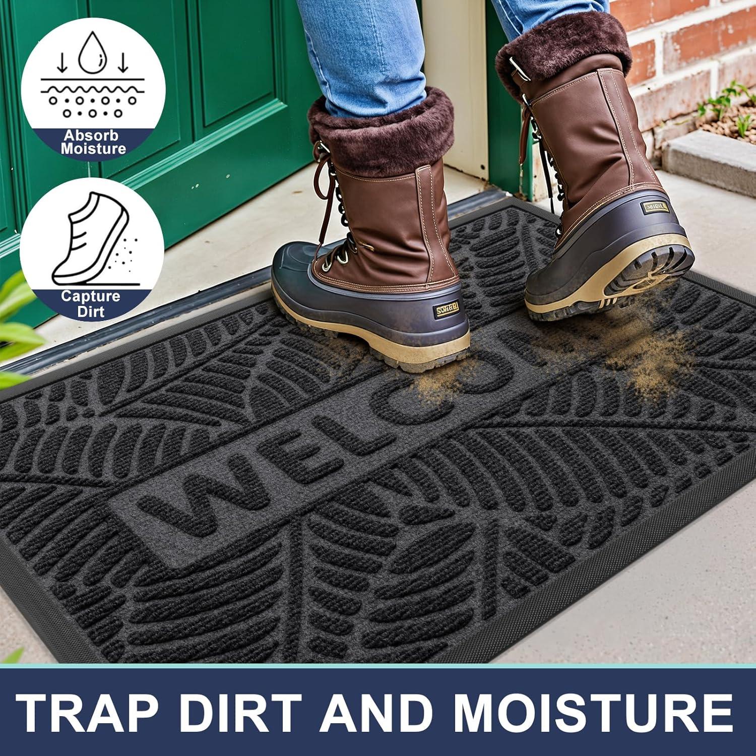 imageSmiry Welcome Mat Indoor Outdoor AllSeason Waterproof Front Door Mat Sturdy Natural Rubber Doormat NonSlip Easy Clean Low Profile Dirt Trapper for Porch Patio Entrance 295x17 GreenGrey