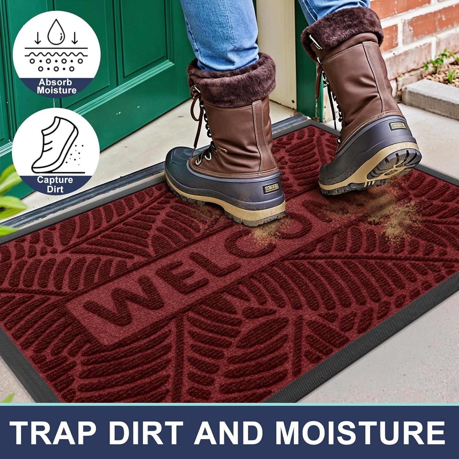 imageSmiry Welcome Mat Indoor Outdoor AllSeason Waterproof Front Door Mat Sturdy Natural Rubber Doormat NonSlip Easy Clean Low Profile Dirt Trapper for Porch Patio Entrance 295x17 GreenWine Red