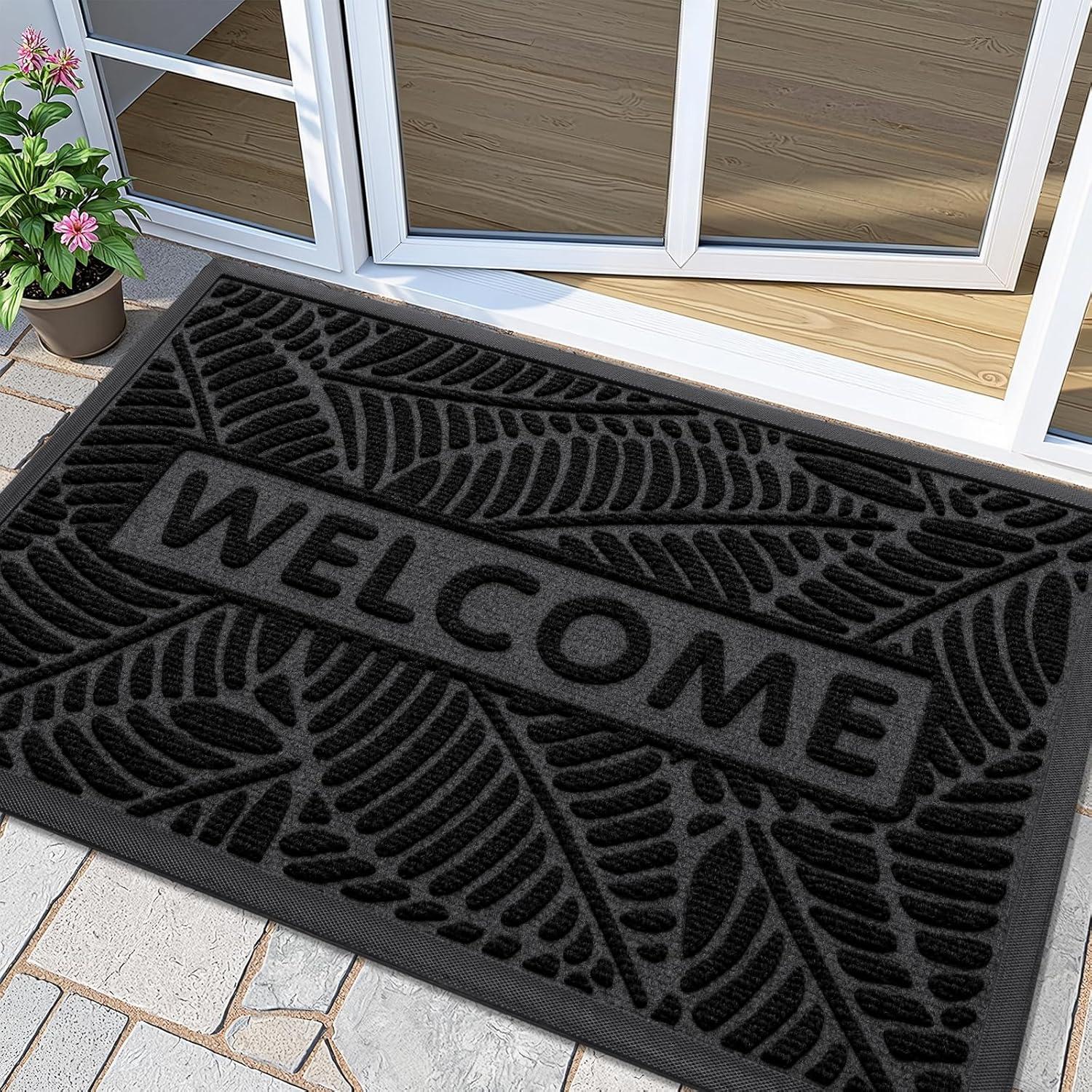 imageSmiry Welcome Mat Indoor Outdoor AllSeason Waterproof Front Door Mat Sturdy Natural Rubber Doormat NonSlip Easy Clean Low Profile Dirt Trapper for Porch Patio Entrance 295x17 GreenBlack