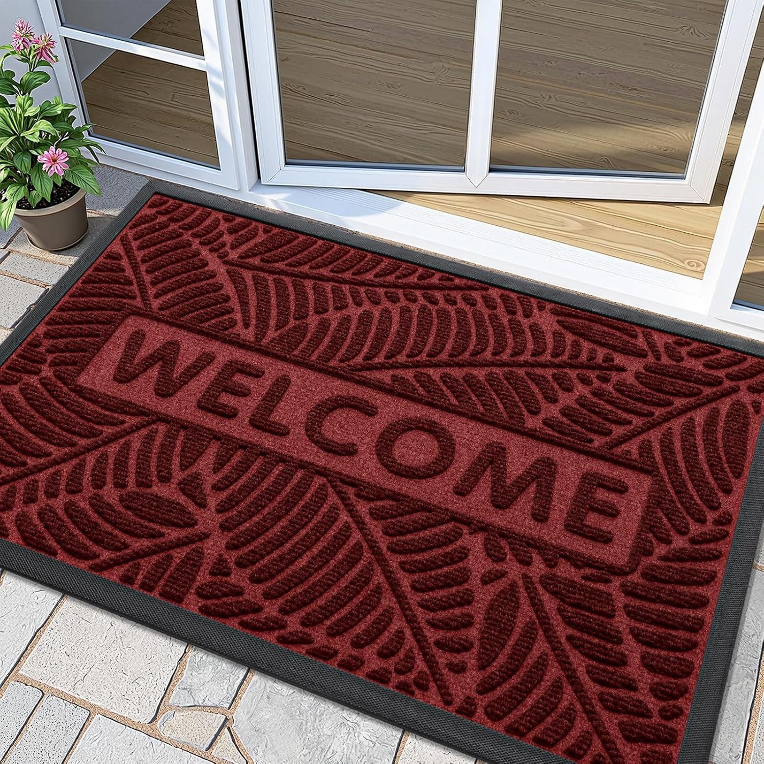imageSmiry Welcome Mat Indoor Outdoor AllSeason Waterproof Front Door Mat Sturdy Natural Rubber Doormat NonSlip Easy Clean Low Profile Dirt Trapper for Porch Patio Entrance 295x17 GreenWine Red