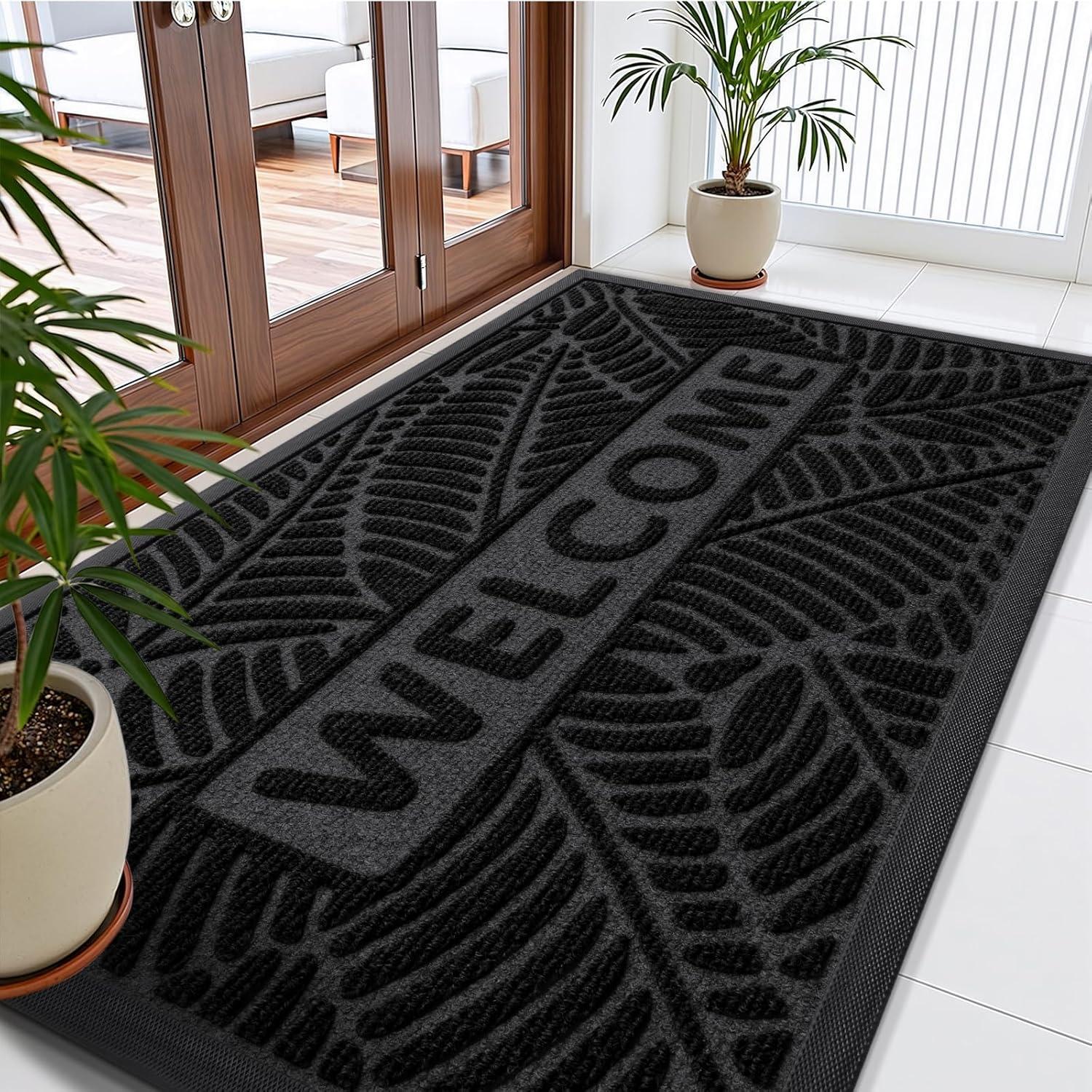 imageSmiry Welcome Mat Indoor Outdoor AllSeason Waterproof Front Door Mat Sturdy Natural Rubber Doormat NonSlip Easy Clean Low Profile Dirt Trapper for Porch Patio Entrance 295x17 GreenBlack
