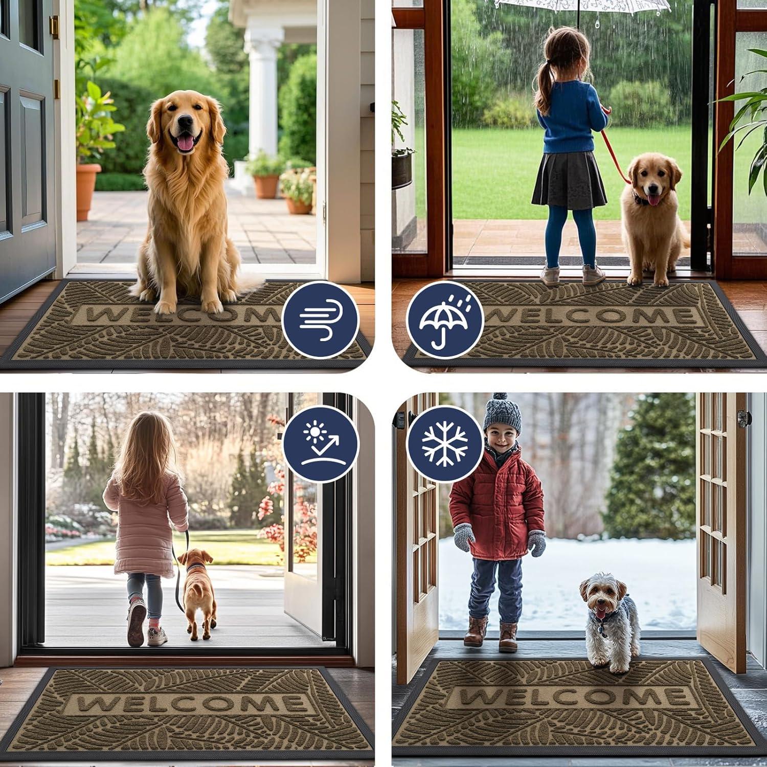 imageSmiry Welcome Mat Indoor Outdoor AllSeason Waterproof Front Door Mat Sturdy Natural Rubber Doormat NonSlip Easy Clean Low Profile Dirt Trapper for Porch Patio Entrance 295x17 GreenBrown