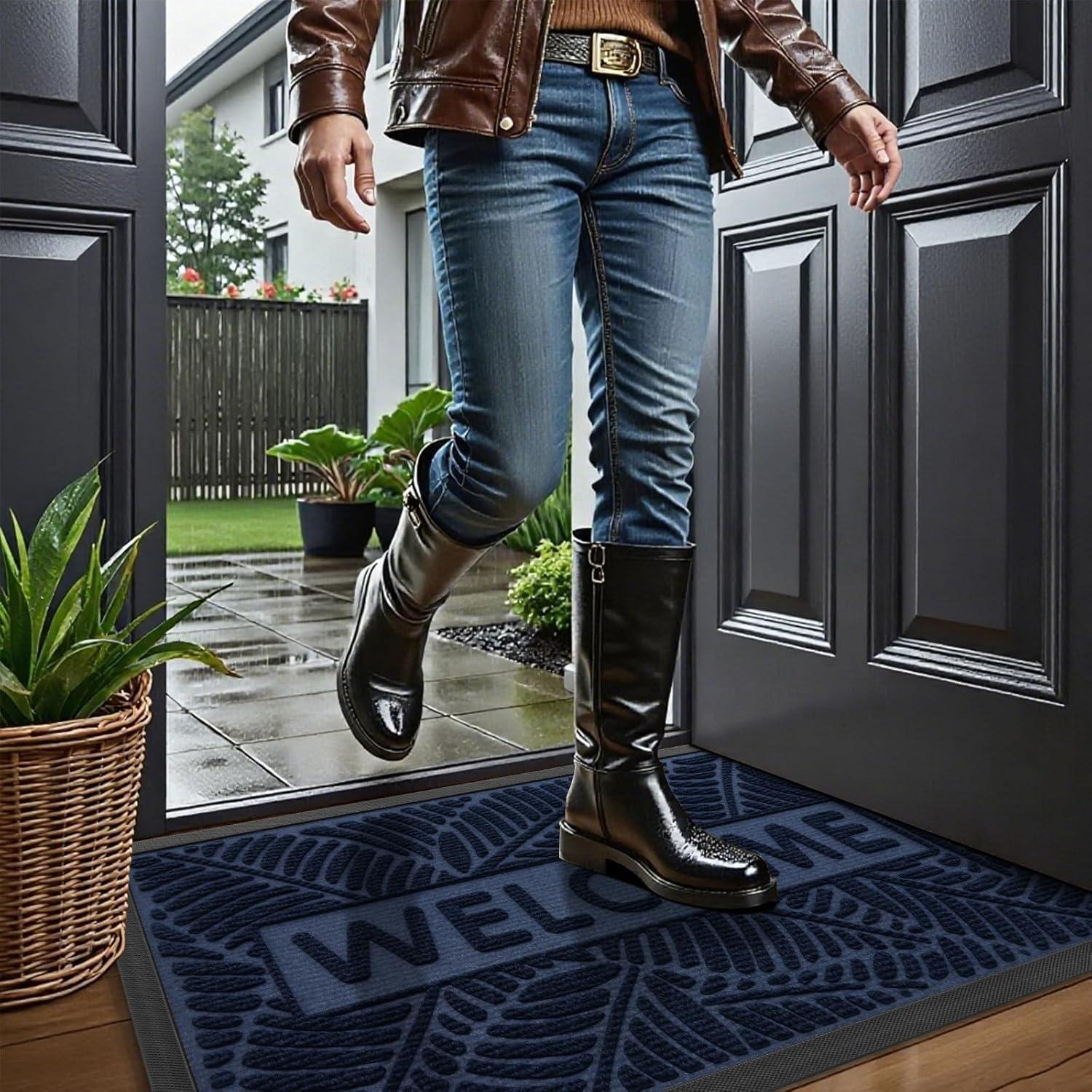 imageSmiry Welcome Mat Indoor Outdoor AllSeason Waterproof Front Door Mat Sturdy Natural Rubber Doormat NonSlip Easy Clean Low Profile Dirt Trapper for Porch Patio Entrance 295x17 GreenNavy