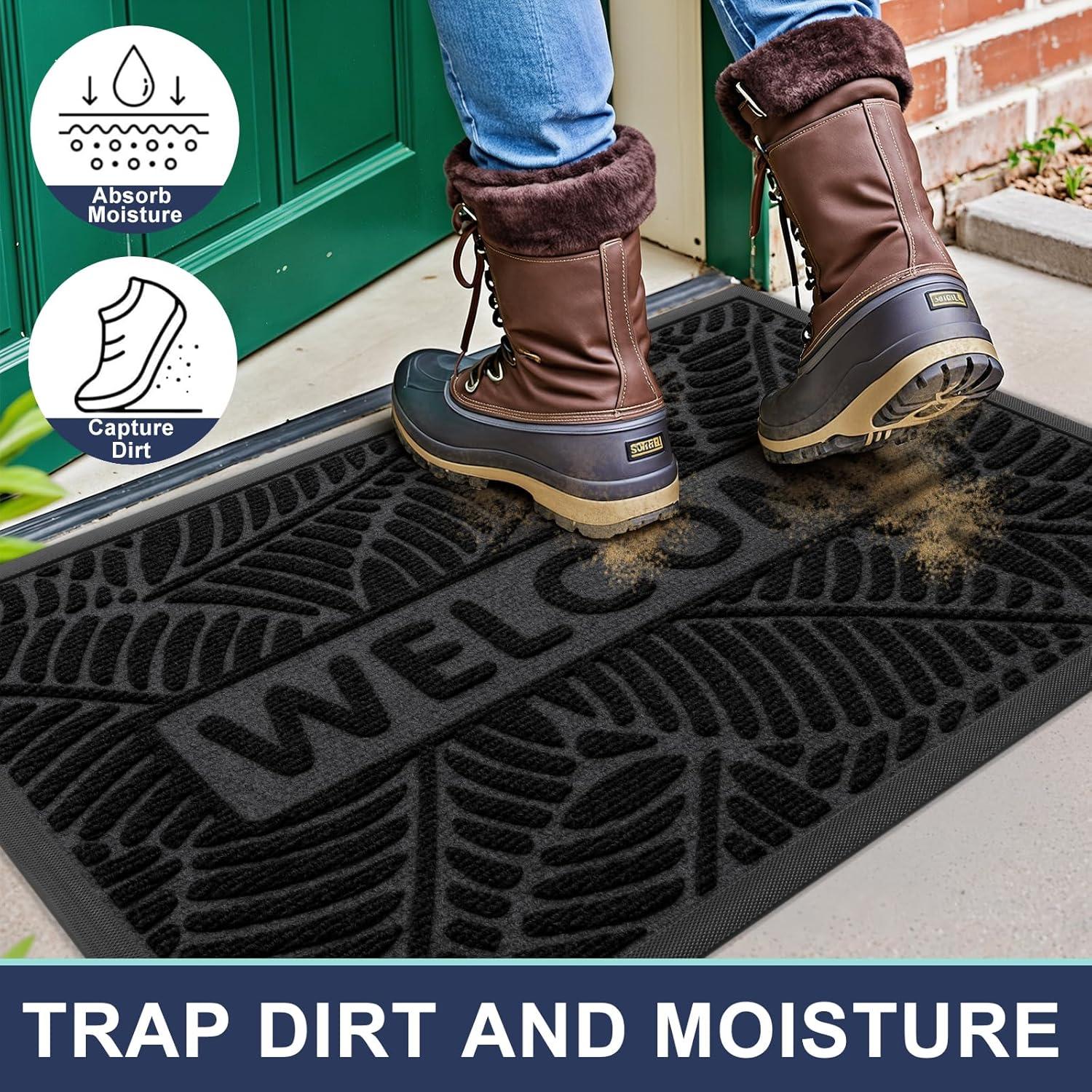 imageSmiry Welcome Mat Indoor Outdoor AllSeason Waterproof Front Door Mat Sturdy Natural Rubber Doormat NonSlip Easy Clean Low Profile Dirt Trapper for Porch Patio Entrance 295x17 GreenBlack