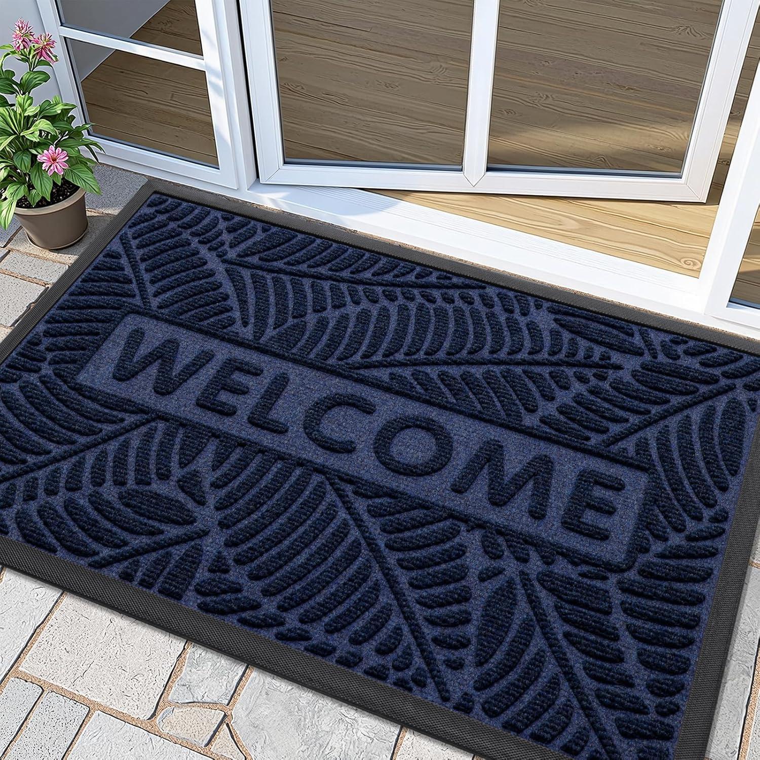 imageSmiry Welcome Mat Indoor Outdoor AllSeason Waterproof Front Door Mat Sturdy Natural Rubber Doormat NonSlip Easy Clean Low Profile Dirt Trapper for Porch Patio Entrance 295x17 GreenNavy