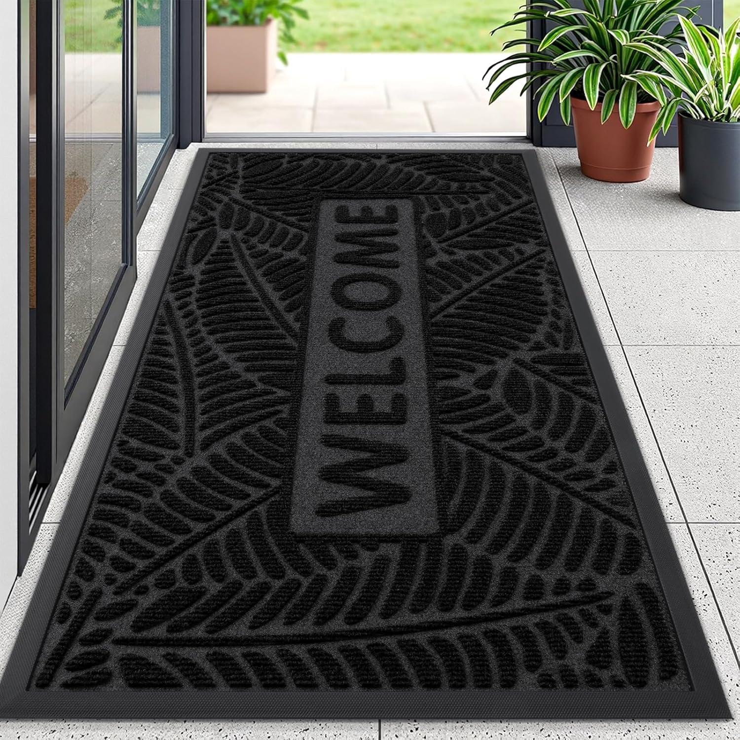 imageSmiry Welcome Mat Indoor Outdoor AllSeason Waterproof Front Door Mat Sturdy Natural Rubber Doormat NonSlip Easy Clean Low Profile Dirt Trapper for Porch Patio Entrance 295x17 GreenBlack