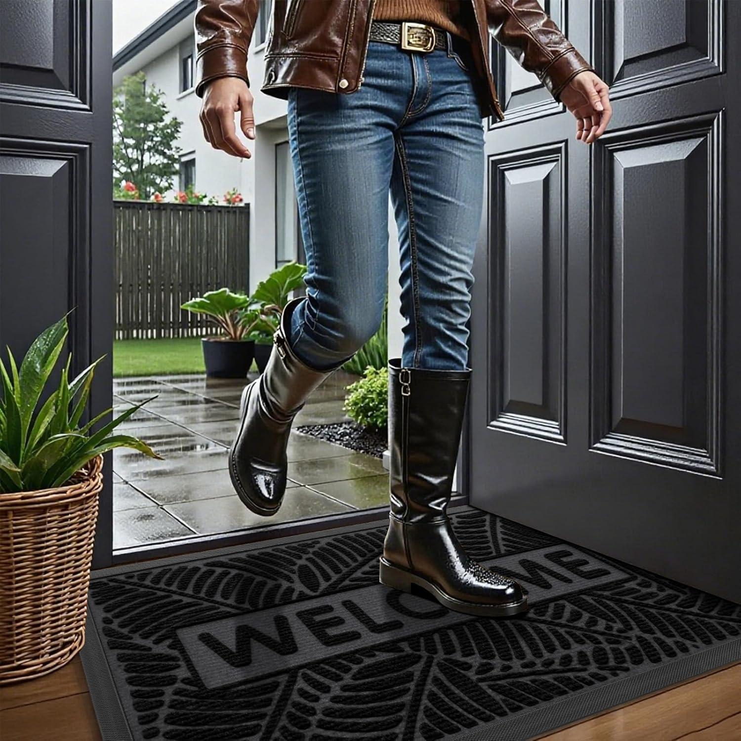 imageSmiry Welcome Mat Indoor Outdoor AllSeason Waterproof Front Door Mat Sturdy Natural Rubber Doormat NonSlip Easy Clean Low Profile Dirt Trapper for Porch Patio Entrance 295x17 GreenBlack