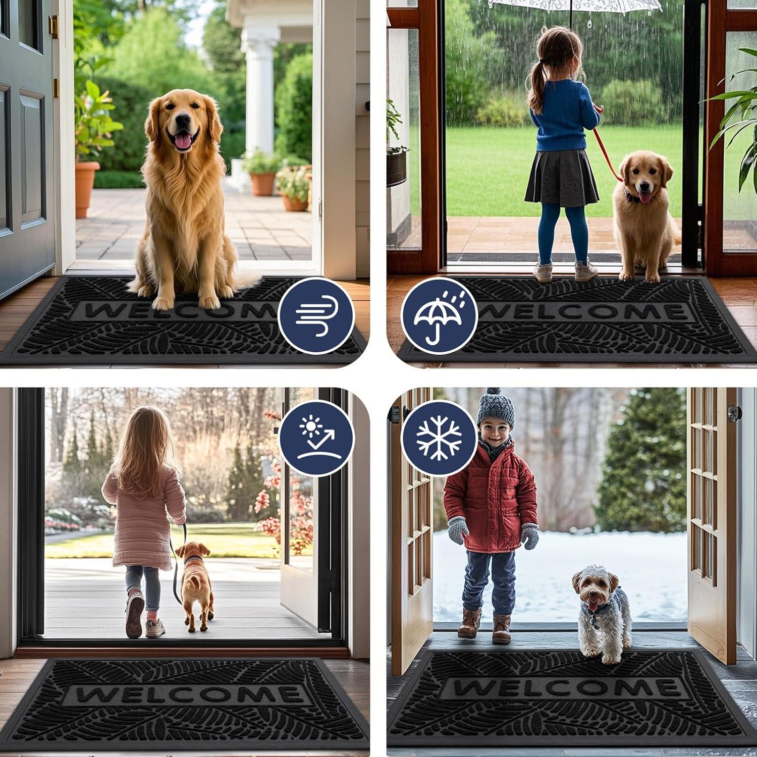 imageSmiry Welcome Mat Indoor Outdoor AllSeason Waterproof Front Door Mat Sturdy Natural Rubber Doormat NonSlip Easy Clean Low Profile Dirt Trapper for Porch Patio Entrance 295x17 GreenBlack