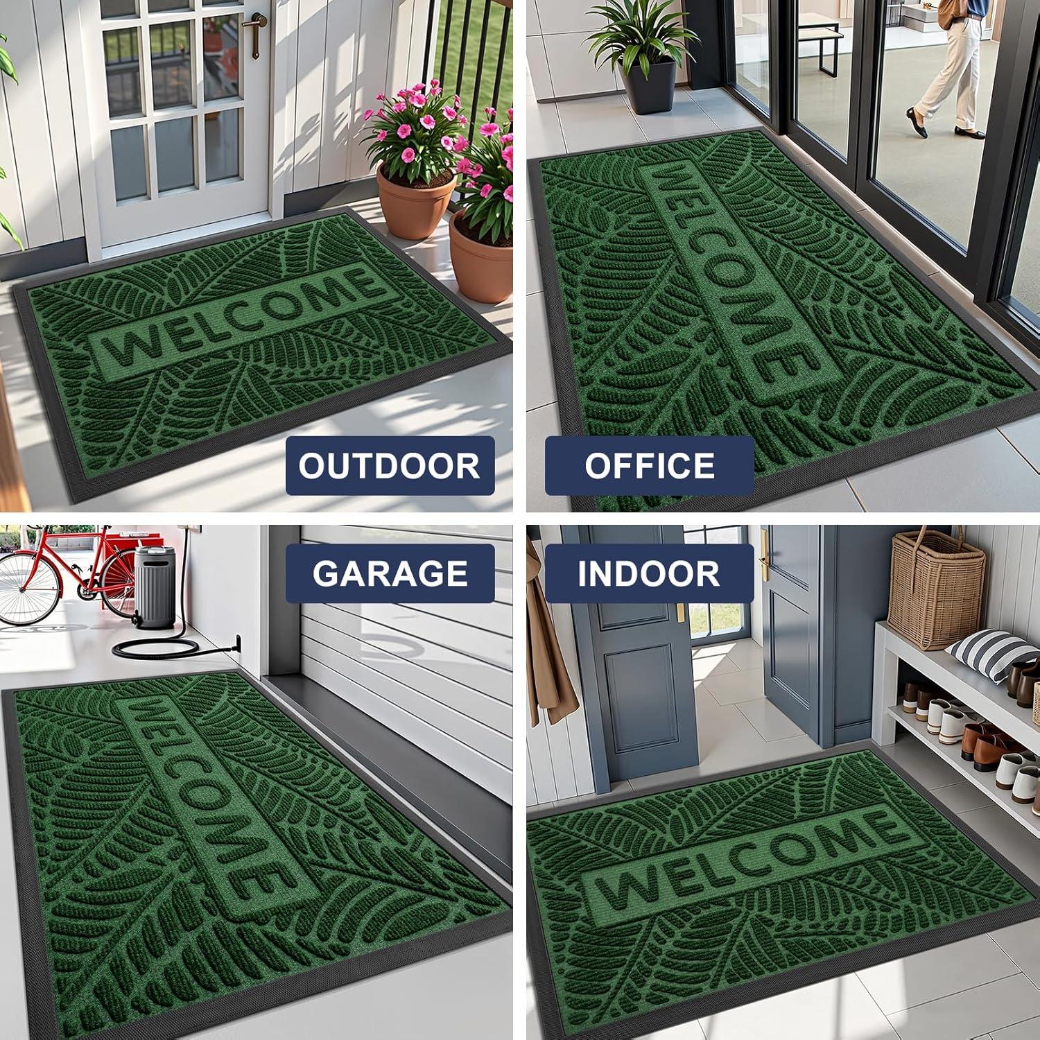 imageSmiry Welcome Mat Indoor Outdoor AllSeason Waterproof Front Door Mat Sturdy Natural Rubber Doormat NonSlip Easy Clean Low Profile Dirt Trapper for Porch Patio Entrance 295x17 GreenGreen