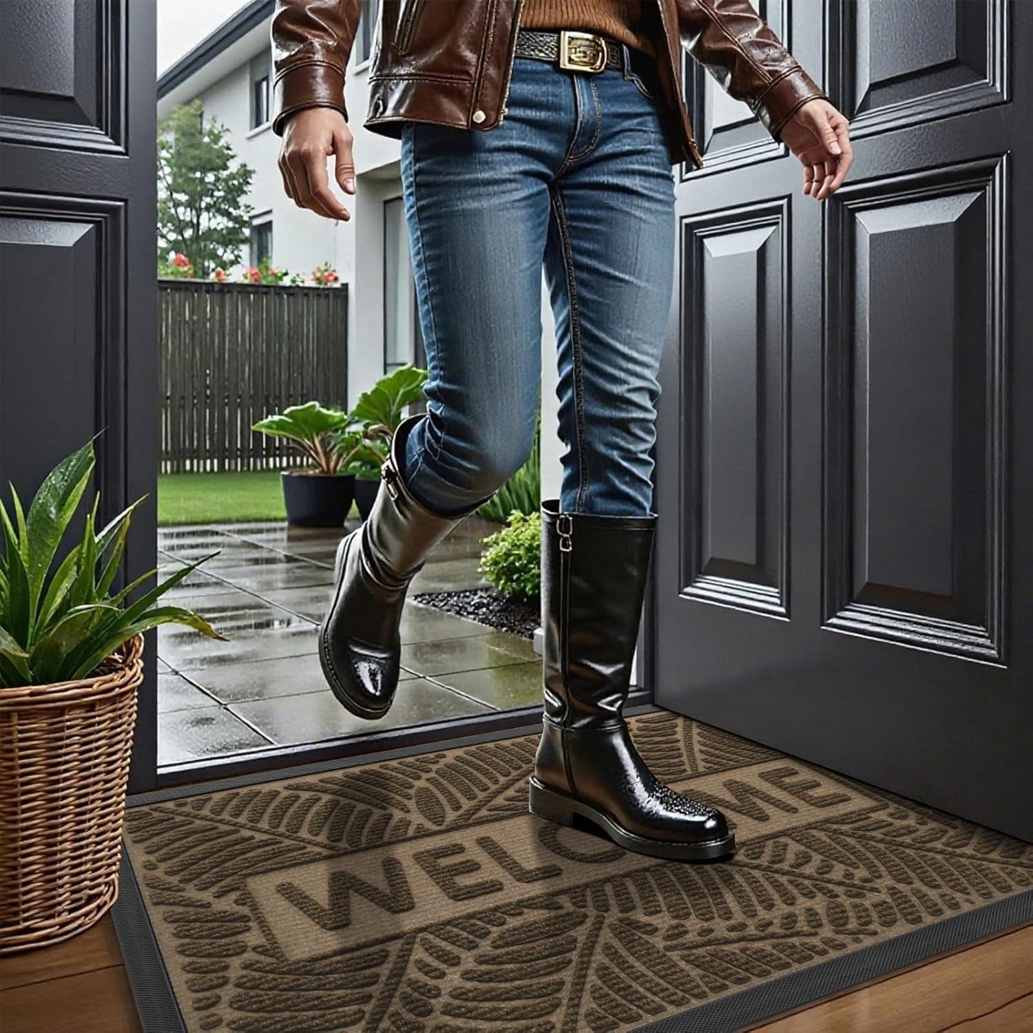 imageSmiry Welcome Mat Indoor Outdoor AllSeason Waterproof Front Door Mat Sturdy Natural Rubber Doormat NonSlip Easy Clean Low Profile Dirt Trapper for Porch Patio Entrance 295x17 GreenBrown