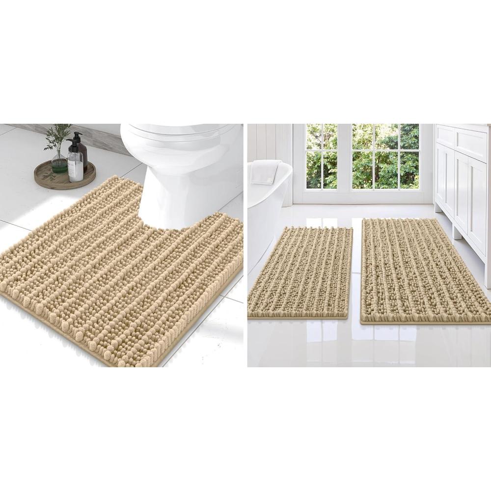 imageSmiry Bathroom Rugs Set 3 Piece Extra Soft Absorbent Non Slip Rubber Backing Machine Washable Quick Dry Chenille Bath Rug Set for Tub Shower and Floor 36quot x 24quot30quot x 20quot UShaped 24quot x 20quot Beige