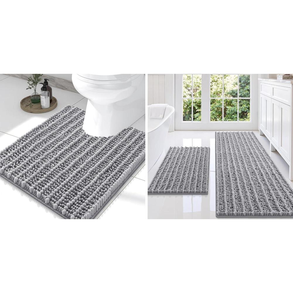 imageSmiry Bathroom Rugs Set 3 Piece Extra Soft Absorbent Non Slip Rubber Backing Machine Washable Quick Dry Chenille Bath Rug Set for Tub Shower and Floor 59quot x 20quot24quot x 16quot UShaped 24quot x 20quot Grey