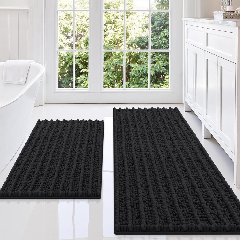 imageSmiry Bathroom Rugs Sets 2 Piece Soft Absorbent Non Slip Rubber Backing Machine Washable Quick Dry Chenille Bath Rug Set for Tub Shower and Floor 30quot x 20quot Plus 24quot x 16quot BeigeBlack