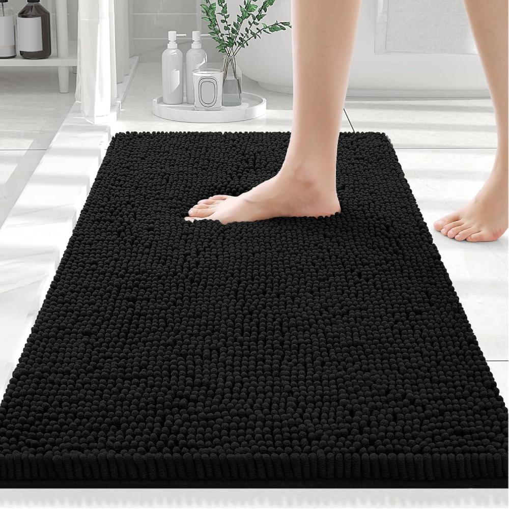 imageSmiry Luxury Chenille Bathroom Rugs 24x16 Extra Soft and Absorbent Shaggy Bath Mat Machine Washable NonSlip Plush Carpet Runner for Tub Shower and Floor Home Decor Accessories Black
