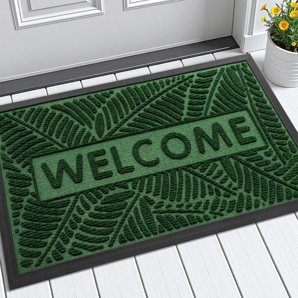 imageSmiry Welcome Mat Indoor Outdoor AllSeason Waterproof Front Door Mat Sturdy Natural Rubber Doormat NonSlip Easy Clean Low Profile Dirt Trapper for Porch Patio Entrance 295x17 GreenGreen