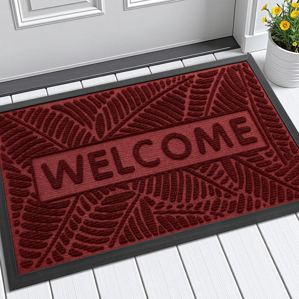 imageSmiry Welcome Mat Indoor Outdoor AllSeason Waterproof Front Door Mat Sturdy Natural Rubber Doormat NonSlip Easy Clean Low Profile Dirt Trapper for Porch Patio Entrance 295x17 GreenWine Red