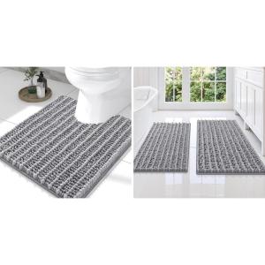 imageSmiry Bathroom Rugs Set 3 Piece Extra Soft Absorbent Non Slip Rubber Backing Machine Washable Quick Dry Chenille Bath Rug Set for Tub Shower and Floor 34quot x 21quot30quot x 20quot UShaped 24quot x 20quot Grey