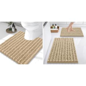 imageSmiry Bathroom Rugs Set 3 Piece Extra Soft Absorbent Non Slip Rubber Backing Machine Washable Quick Dry Chenille Bath Rug Set for Tub Shower and Floor 30quot x 20quot24quot x 16quot UShaped 24quot x 20quot Beige