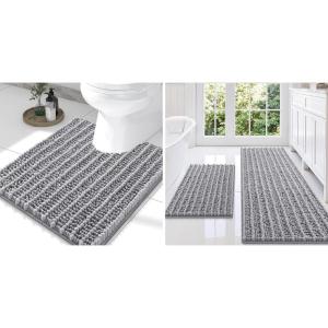 imageSmiry Bathroom Rugs Set 3 Piece Extra Soft Absorbent Non Slip Rubber Backing Machine Washable Quick Dry Chenille Bath Rug Set for Tub Shower and Floor 59quot x 20quot30quot x 20quot UShaped 24quot x 20quot Grey