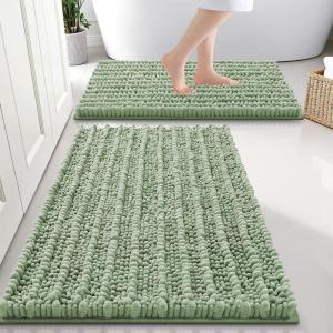 imageSmiry Bathroom Rugs Sets 2 Piece Soft Absorbent Non Slip Rubber Backing Machine Washable Quick Dry Chenille Bath Rug Set for Tub Shower and Floor 30quot x 20quot Plus 24quot x 16quot BeigeSage Green