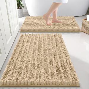 imageSmiry Bathroom Rugs Sets 2 Piece Soft Absorbent Non Slip Rubber Backing Machine Washable Quick Dry Chenille Bath Rug Set for Tub Shower and Floor 30quot x 20quot Plus 24quot x 16quot BeigeBeige