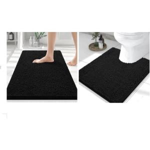 imageSmiry Chenille Bathroom Rugs 30x20 and UShaped Toilet Bath Rugs 24x20 Extra Soft and Absorbent Shaggy Bath Mat Machine Washable NonSlip Plush Carpet Black