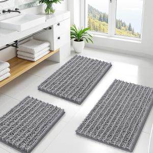 imageSmiry Bathroom Rugs Set 3 Piece Extra Soft Absorbent Non Slip Rubber Backing Machine Washable Quick Dry Chenille Bath Rug Set for Tub Shower and Floor 30quot x 20quot30quot x 20quot 24quot x 16quot Grey