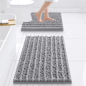 imageSmiry Bathroom Rugs Sets 2 Piece Soft Absorbent Non Slip Rubber Backing Machine Washable Quick Dry Chenille Bath Rug Set for Tub Shower and Floor 30quot x 20quot Plus 24quot x 16quot BlackGrey
