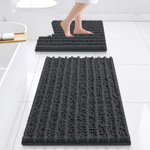 imageSmiry Bathroom Rugs Sets 2 Piece Soft Absorbent Non Slip Rubber Backing Machine Washable Quick Dry Chenille Bath Rug Set for Tub Shower and Floor 30quot x 20quot Plus 24quot x 16quot BlackDark Grey