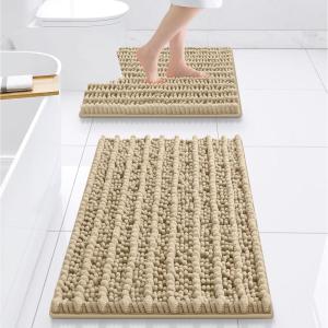 imageSmiry Bathroom Rugs Sets 2 Piece Soft Absorbent Non Slip Rubber Backing Machine Washable Quick Dry Chenille Bath Rug Set for Tub Shower and Floor 30quot x 20quot Plus 24quot x 16quot BlackBeige