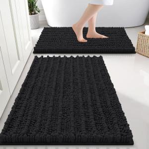 imageSmiry Bathroom Rugs Sets 2 Piece Soft Absorbent Non Slip Rubber Backing Machine Washable Quick Dry Chenille Bath Rug Set for Tub Shower and Floor 30quot x 20quot Plus 24quot x 16quot BlackBlack