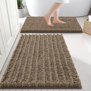 imageSmiry Bathroom Rugs Sets 2 Piece Soft Absorbent Non Slip Rubber Backing Machine Washable Quick Dry Chenille Bath Rug Set for Tub Shower and Floor 30quot x 20quot Plus 24quot x 16quot BlackCamel