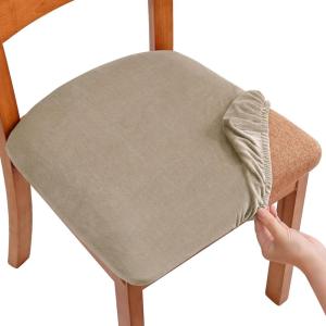 imageSmiry Velvet Seat Covers for Dining Room Chair Set of 6 Stretch Fit Removable Washable Chair Seat Cushion Protector Slipcovers with Ties KhakiKhaki