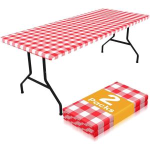 imageSmiry Picnic Table Cloth 2 Pack Waterproof Elastic Fitted Tablecloths for 6FT Rectangle Tables Washable Polyester Buffalo Plaid Tablecloth for Camping Dining ampamp Outdoor Black ampamp White 30quot x 72quotRed and White