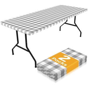 imageSmiry Picnic Table Cloth 2 Pack Waterproof Elastic Fitted Tablecloths for 6FT Rectangle Tables Washable Polyester Buffalo Plaid Tablecloth for Camping Dining ampamp Outdoor Black ampamp White 30quot x 72quotGrey and White