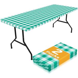 imageSmiry Picnic Table Cloth 2 Pack Waterproof Elastic Fitted Tablecloths for 6FT Rectangle Tables Washable Polyester Buffalo Plaid Tablecloth for Camping Dining ampamp Outdoor Black ampamp White 30quot x 72quotGreen and White