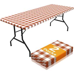 imageSmiry Picnic Table Cloth 2 Pack Waterproof Elastic Fitted Tablecloths for 6FT Rectangle Tables Washable Polyester Buffalo Plaid Tablecloth for Camping Dining ampamp Outdoor Black ampamp White 30quot x 72quotRust and White