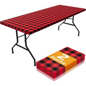 imageSmiry Picnic Table Cloth 2 Pack Waterproof Elastic Fitted Tablecloths for 6FT Rectangle Tables Washable Polyester Buffalo Plaid Tablecloth for Camping Dining ampamp Outdoor Black ampamp White 30quot x 72quotBlack and Red