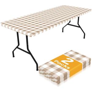 imageSmiry Picnic Table Cloth 2 Pack Waterproof Elastic Fitted Tablecloths for 6FT Rectangle Tables Washable Polyester Buffalo Plaid Tablecloth for Camping Dining ampamp Outdoor Black ampamp White 30quot x 72quotKhaki and White