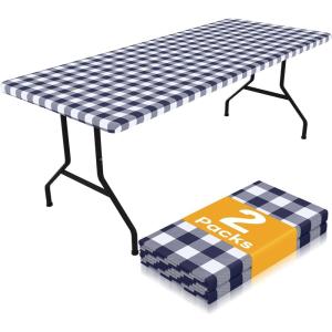 imageSmiry Picnic Table Cloth 2 Pack Waterproof Elastic Fitted Tablecloths for 6FT Rectangle Tables Washable Polyester Buffalo Plaid Tablecloth for Camping Dining ampamp Outdoor Black ampamp White 30quot x 72quotNavy and White