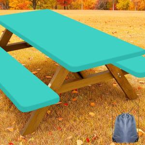 imageSmiry Picnic Table Cover with Bench Covers Waterproof Elastic Fitted Polyester Tablecloths for 6 Ft Rectangle Tables Washable Windproof Tablecloth for Camping RV ampamp Outdoor Black 30x72 InchesTeal