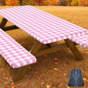 imageSmiry Picnic Table Cover with Bench Covers Waterproof Elastic Fitted Tablecloths for 6 Foot Rectangle Tables Washable Buffalo Plaid Tablecloth for Camping Outdoor Black ampamp White 30quotx72quotPink and White
