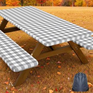 imageSmiry Picnic Table Cover with Bench Covers Waterproof Elastic Fitted Tablecloths for 6 Foot Rectangle Tables Washable Buffalo Plaid Tablecloth for Camping Outdoor Black ampamp White 30quotx72quotGrey and White
