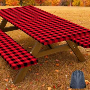 imageSmiry Picnic Table Cover with Bench Covers Waterproof Elastic Fitted Tablecloths for 6 Foot Rectangle Tables Washable Buffalo Plaid Tablecloth for Camping Outdoor Black ampamp White 30quotx72quotBlack and Red