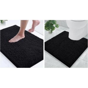 imageSmiry Chenille Bathroom Rugs 24x16 and UShaped Toilet Bath Rugs 20x20 Extra Soft and Absorbent Shaggy Bath Mat Machine Washable NonSlip Plush Carpet Black