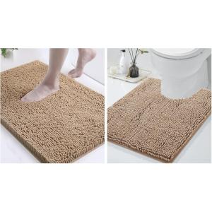 imageSmiry Chenille Bathroom Rugs 24x16 and UShaped Toilet Bath Rugs 24x20 Extra Soft and Absorbent Shaggy Bath Mat Machine Washable NonSlip Plush Carpet Beige