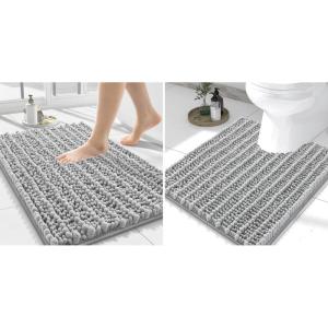 imageSmiry Bathroom Rugs Mat Set 2 Piece 24X16UShaped 24x20 Extra Soft Absorbent Non Slip Rubber Backing Machine Washable Quick Dry Chenille Bath Rug Set for Tub Shower and FloorLight Grey